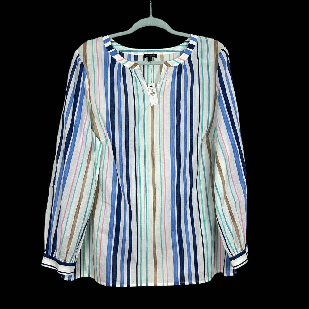Talbots Plus 1X Striped Split Neck Tunic Blouse Blue Pink Multi Color NWT